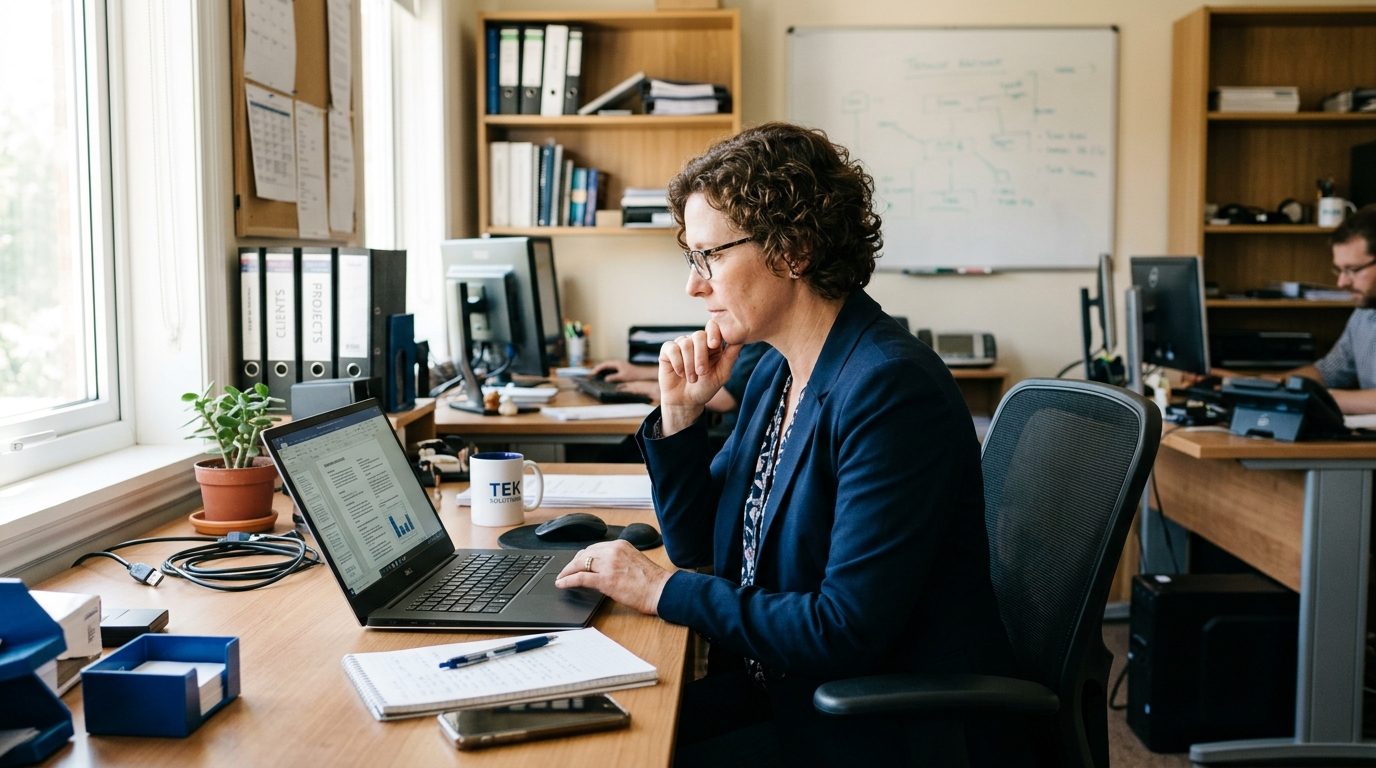 IT services professional reviewing a tender proposal draft on a laptop in a small office